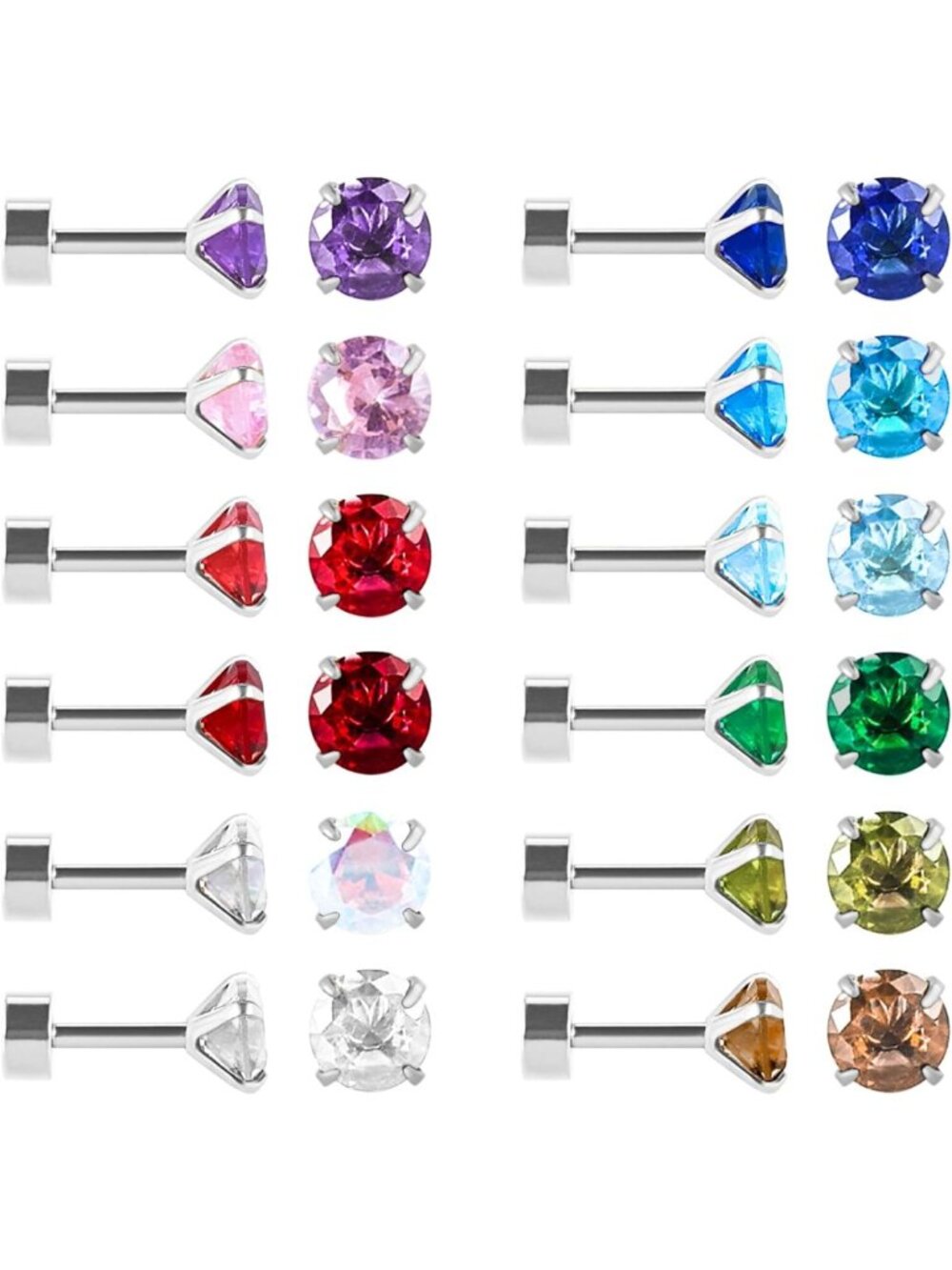 12 Pairs Stainless Steel Birthstone Stud Earrings Set - Heart, Star, Teardrop